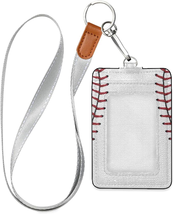 Moudou Baseball ID Badge Holder with Lanyard, Vertical Leather ID Badge Card Holder for Office Staff, School Teacher and Student