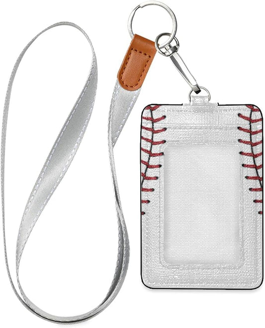 Moudou Baseball ID Badge Holder with Lanyard, Vertical Leather ID Badge Card Holder for Office Staff, School Teacher and Student