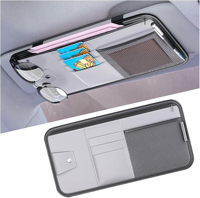Mandark Car Sun Visor Organizer, PU Leather Vehicle Storage Pouch Holder with Multi-Pocket Zipper, Auto Interior Accessories for Sunglass Pen Document, Universal for SUV, Sedan, Truck (Gray)