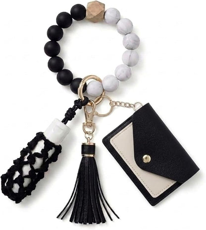 BIHRTC Silicone Key Ring Bracelets Wristlet Keychain Wallet with Net Chapstick Holder for Women