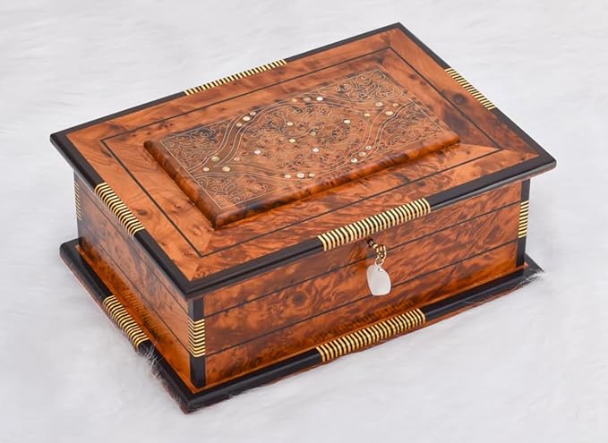 Hand Carved Wooden Box With lid Keepsake Box Storage Jewelry Decor Art Organizer Thuya Burl and Inlaid with Ebony and Mother of Pearl(Vintage Decorative Wood Box,)(Luxury Moroccan Wooden Box)