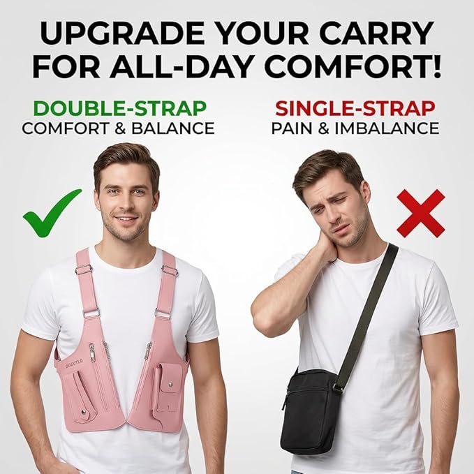 Leather Double Shoulder Armpit Bag for Men Underarm Concealed Rover The Holste Vest for Mens Adjustable Leather Bag (Pink)