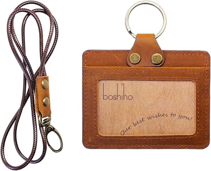 Badge Holder: Boshiho Cowhide Leather ID Badge Card Holder with 19" Neck Lanyard, Horizontal Style (Light Brown)