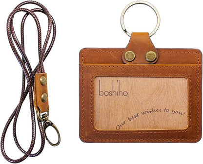 Badge Holder: Boshiho Cowhide Leather ID Badge Card Holder with 19" Neck Lanyard, Horizontal Style (Light Brown)