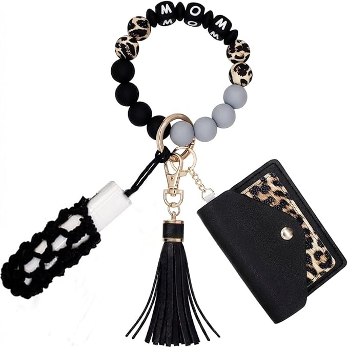 BIHRTC Silicone Key Ring Bracelets Wristlet Keychain Wallet with Net Chapstick Holder for Women