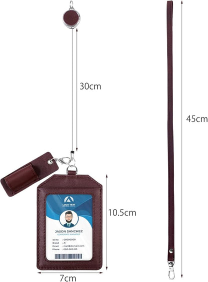 Office Badge Holder - Boshiho Genuine Leather Credit ID Card Holder with Stretch Neck Lanyard Vertical Style (Wine)