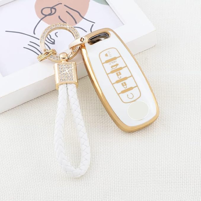 PIFOOG for Rogue Key Fob Cover 5 Buttons 2023 Pathfinder SL Platinum Car Key Case Shell Bling Keychain Lanyard Protector Protection Accessories Women Girly Cute White Gold TPU