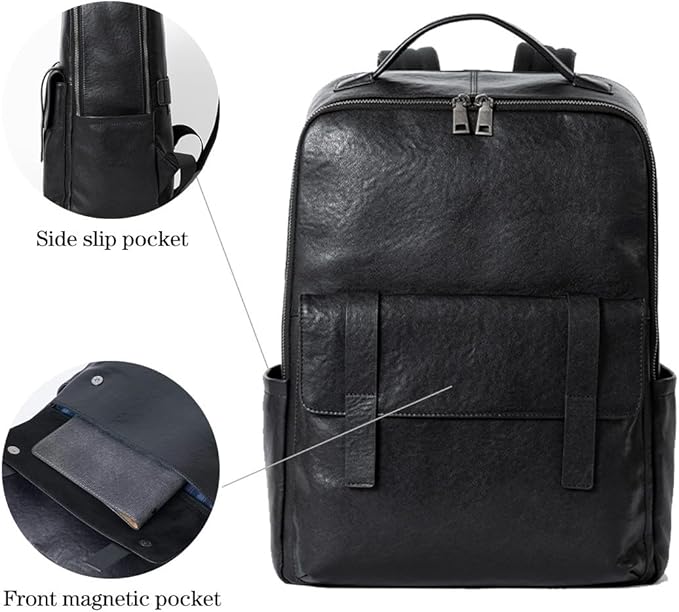 15.6 Inch Genuine Leather Laptop Backpack for Men Women, Business Travel Backpack Hiking Daypack Rucksack (7#Black)