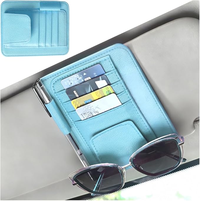 Car Sun Visor Organizer, PU Leather Vehicle Visor Document Storage Pocket for Sunglass Card Pen, Multifunctional Automotive Interior Holder Accessories, Universal Fit (Blue)