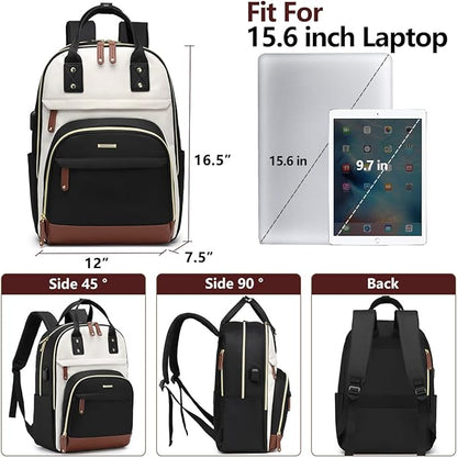 Laptop Backpack for Women Bag - 15.6 inch Work Bags with USB Charger College Bookbag Business Computer Backpack Purse Beige Black Brown