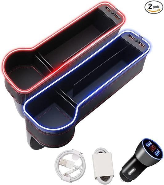 Car Seat Gap Filler Organizer, 2 Pack Multifunctional Car Seat Organizer, 7 Colours Changing LED Car Seat Seam Filler, Auto Console Side Storage Box with Cup Holders(BLACK)