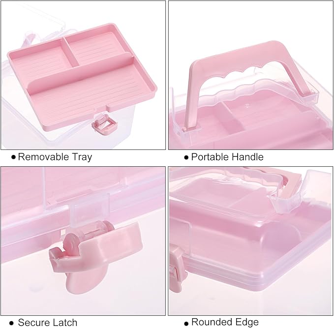 BTSKY Multipurpose Plastic Craft Storage Containers with Removable Tray, Clear Plastic Storage Box with Lid & Handle, Easy Carry & Stack Small Storage Container, 6.3x5.6x6.3 Inch, Square-Pink