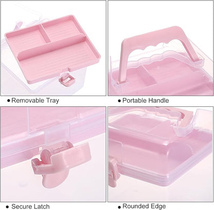 BTSKY Multipurpose Plastic Craft Storage Containers with Removable Tray, Clear Plastic Storage Box with Lid & Handle, Easy Carry & Stack Small Storage Container, 6.3x5.6x6.3 Inch, Square-Pink