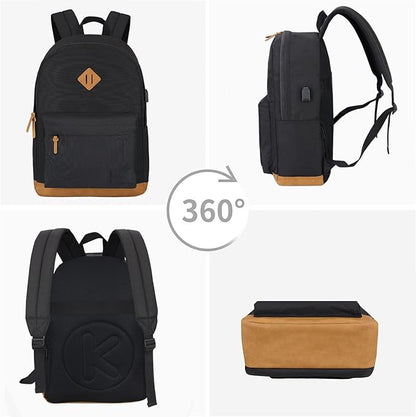 Laptop Backpack with Leather Decoration, USB Charging Port, Classic Backpack for College, Work, Travel(18 Inches/Grey