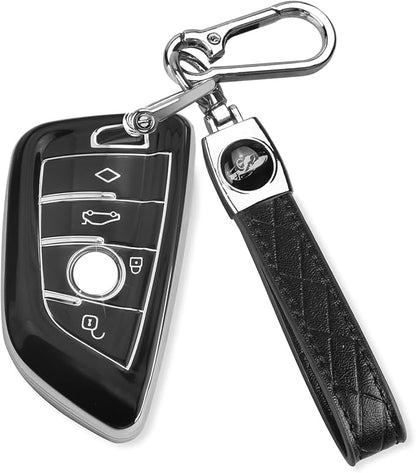 QBUC for BMW Key Fob Cover with Leather Keychain,for BMW 2 5 6 7 Series X1 X2 X3 X5 X6 X7 Premium Soft TPU Key Fob Holder (1-Black)