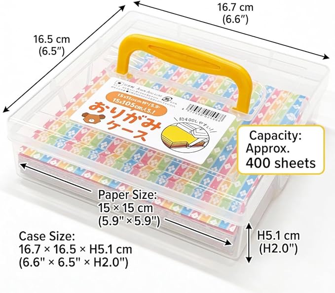 Japanese Origami Paper Storage Box - Made in Japan - Holds 400 Sheets of 6x6 Inch (15cm) Paper - Clear Plastic Craft Organizer with Easy Access Side Slots - Multi-Purpose Container