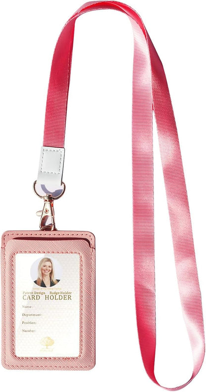 Badge Holder with Lanyard,Leather ID Card Holder,Vertical Lanyard ID Card Holder for Work Office (Pink-Slim)