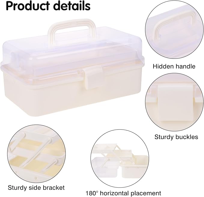 Plastic Tool Box with Handle 3-Layer Craft Organizers Tackle Box Multipurpose Portable Folding Toolbox for Sewing Supplies, Medicine, Art Supplies, Nails and Hair Accessories White 12.5inch