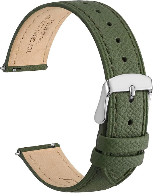 WOCCI 12mm Grace Leather Watch Band for Ladies, Top Grain Leather, Quick Release Replacement Strap with Silver Buckle (Reseda Green)
