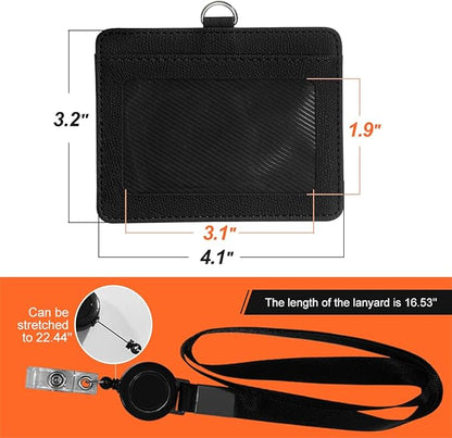 HYCOPROT ID Badge Holder with Lanyard Heavy Duty Retractable PU Leather Vertical Horizontal ID Card Holders with 1 Clear ID Window & 1 Credit Card Slot for Office School (Horizontal, Coffee)