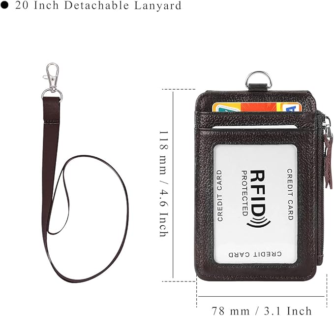 Badge Holder with Zipper Genuine Leather RFID Keychain Wallet Neck Lanyards with Swivel Hook for Card/Coin/Cash, Coffee