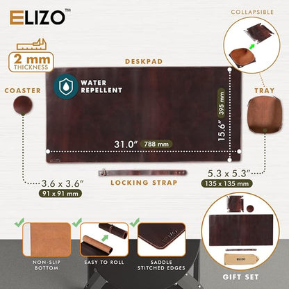 ELIZO Genuine Leather Desk Pad Leather Desk Mat (Bourbon2, 31x15.6 Single Layer2)