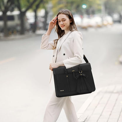 MOSISO Laptop Bag for Women, 15-15.6 inch PU Leather Laptop Shoulder Bags Convertible Backpack, 16 inch Messenger Bags Casual Handbag Work Briefcase Travel Computer Bag with Bowknot, Black