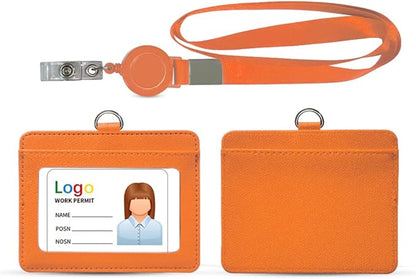HYCOPROT ID Badge Holder with Lanyard Heavy Duty Retractable PU Leather Vertical Horizontal ID Card Holders with 1 Clear ID Window & 1 Credit Card Slot for School (Horizontal, Orange)