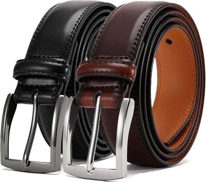 DOOPAI Men's Genuine Leather Dress Belt 2Pack - Handmade Classic Casual and Business Belt, 100% Cow Leather Prong Buckle,