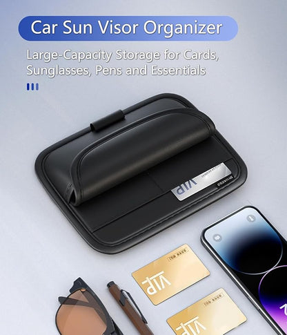 Car Sun Visor Organizer, Car Sunglasses Holder with Adjustable Elastic Strips, Sunvisor Storage with Card Sleeve, Leather Visor Accessories for Sunglasses Pen Drivers License Key