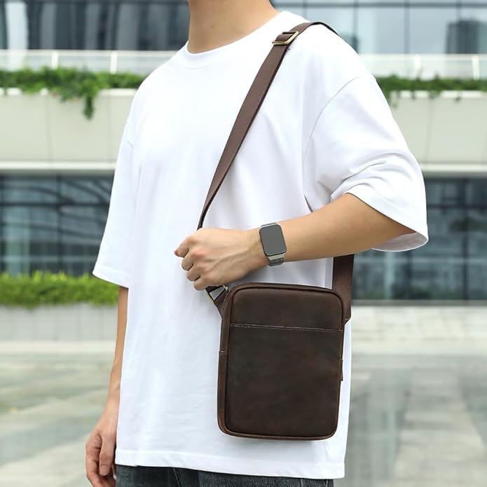 NIUCUNZH Man Purses and Bags Small, Mini Genuine Leather Messenger and Shoulder Bag for Men with lots of Zipper Pockets