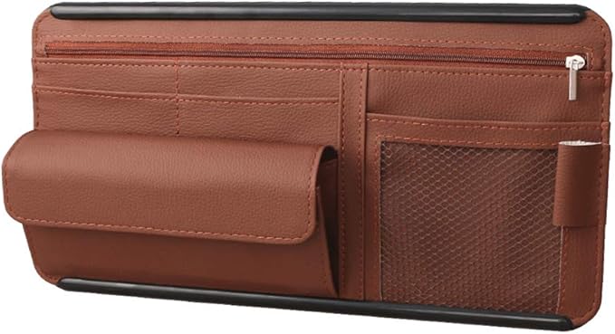 Car Sun Visor Multi-Pocket Net Zipper Organizer Auto Interior Accessories Pocket Organizer Storage Pouch Holder for Card License Pen Glasses (Brown)