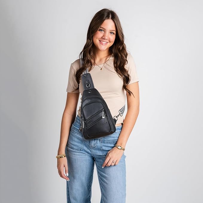 Leresas 7L Crossboydy Sling Bag for Women Vegan Leather Crossbody Purse Fanny Pack Chest Bag for Travel,Black
