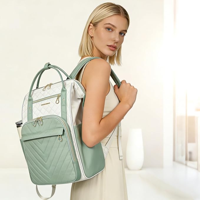 KROSER Laptop Backpack 17" Stylish Backpack Water Repellent College Casual Daypack Travel Business Work Bag for Men/Women-Beige/Light Green