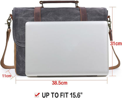 Mens Messenger Bag 15.6 Inch Waterproof Vintage Genuine Leather Waxed Canvas Briefcase Large Satchel Shoulder Bag Rugged Leather Computer Laptop Bag, Grey