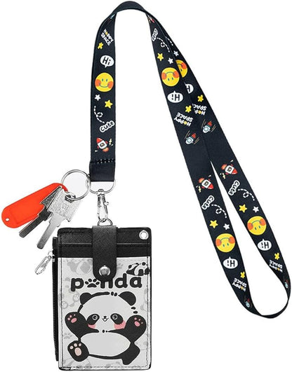 HASFINE ID Badge Holder with Lanyard,Cute Panda Work Badge with Zipper Pocket, 2-Sided Functional Card Wallet with 3 Card Slots and Detachable Keychain for Teacher Student Nurse Worker (Black)