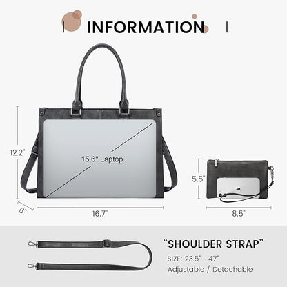 LOVEVOOK Laptop Tote Bag for Women, 15.6 Inch Large Capacity Vintage Leather Work Computer Bag, Business Casual Shoulder Handbag, Dark Grey