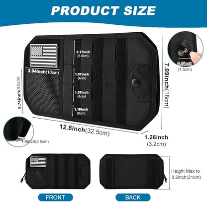 Car Sun Visor Organizer with Zipper Storage Pouch & Glasses Clip – Semi-Rigid MOLLE Panel with Patch – Universal Fit for Vehicles, SUVs, Trucks(Black)