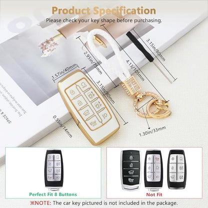 PIFOOG Key Fob Cover for Genesis GV70 GV80 2023 2022 2021 Accessories 8 Buttons Car Keys Case Shell with Cute Girly Keychain Ring Protector Bling White Gold TPU Women Gifts