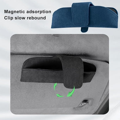 Sunglasses Holder for Car Sun Visor, Magnetic Closure Suede Vehicle Eyeglasses Holder Protective Box Clip, Automotive Glasses Storage Organizer, Universal for Truck, SUV, RV(Blue)