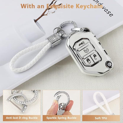 PIFOOG TPU Key Fob Cover for Jeep Wrangler JL JLU Gladiator JT 2018-2022 Accessories Cute 4 Button Car Keys Shell Case Glitter Keychain Girly Women (Not Fit Wrangler JK)