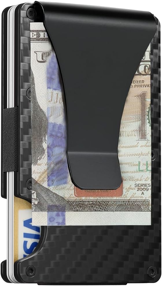 Slim Wallet for Men,RFID Blocking Minimalist Metal Wallet, Money Clip/Cash Holder, Front Pocket Aluminum Credit Card Holder, Ideal Gift for Men,Resin Dark Blue Wood