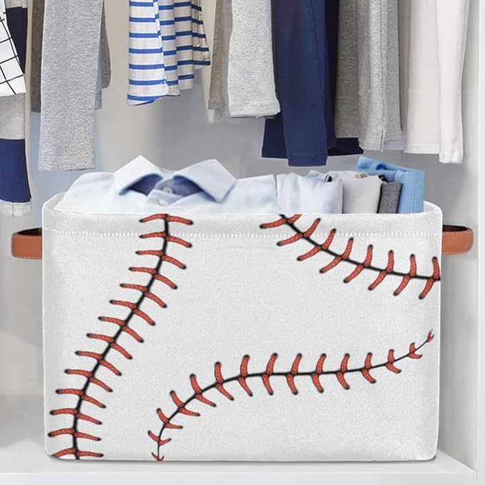 AUUXVA Baseball Stitches Laces Softball Storage Basket - Large Fabric Bin With Handles for Toys, Collapsible Closet Shelf Cloth Organizer for Nursery Bedroom, 2 PCS
