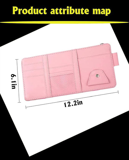Car Sun Visor Organizer, Multifunctional Leather Sun Visor Organizer Sunglass Holder with Zipper for Car Interior Truck Accessories Men Women (Pink)