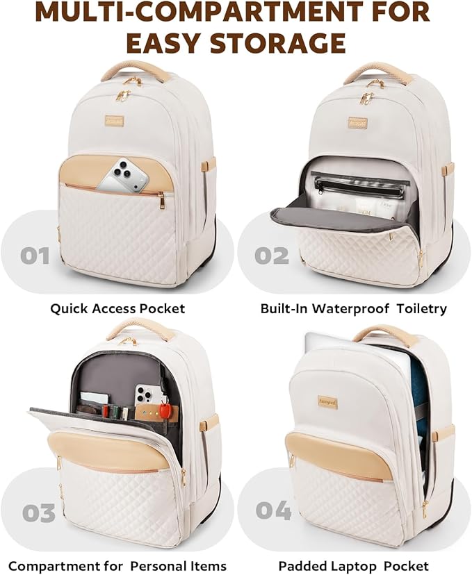 Arcoyard Rolling Backpack For Adults With Wheels, 40L Wheeled Backpack For Women, Travel Roller Backpacks, Carry On Luggage, Rolling Bag, Beige