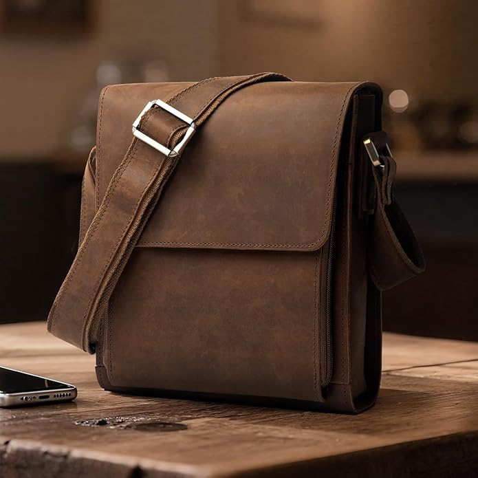 Augus Leather Messenger Crossbody Shoulder Bag for Men Work Business Casual Adjustable straps With YKK Metal Zipper