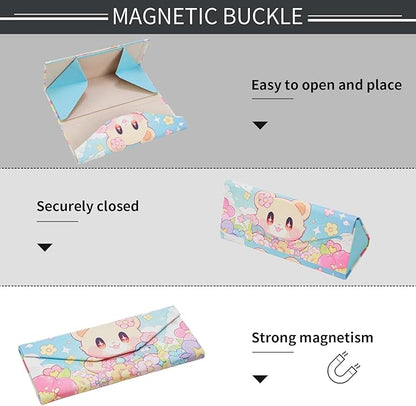 Foldable Glasses Case, Magnetic PU Leahter Sunglasses Case, Cute Hard Shell Folding Eyeglass Cases for Women Kids