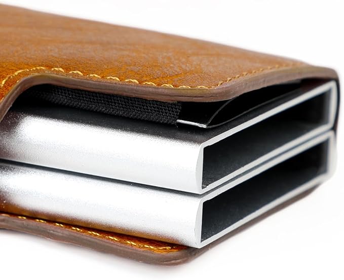 Pop up Card Wallet RFID Blocking Slim Metal Men Credit Card Holder Case Business Money Pocket Double Card Case for Men and Women (brown)