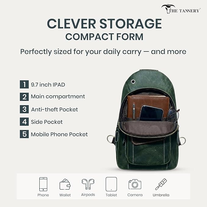 The Tannery Handmade Buffalo Leather Multipurpose Travel Hiking Crossbody Chest Backpack with Adjustable Shoulder Strap (Green, Small)