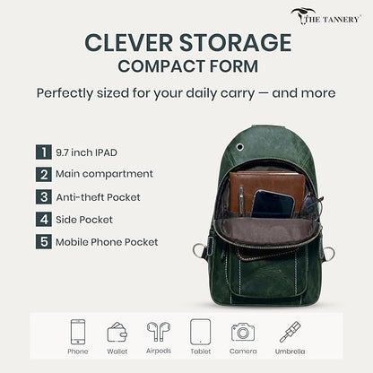 The Tannery Handmade Buffalo Leather Multipurpose Travel Hiking Crossbody Chest Backpack with Adjustable Shoulder Strap (Green, Small)